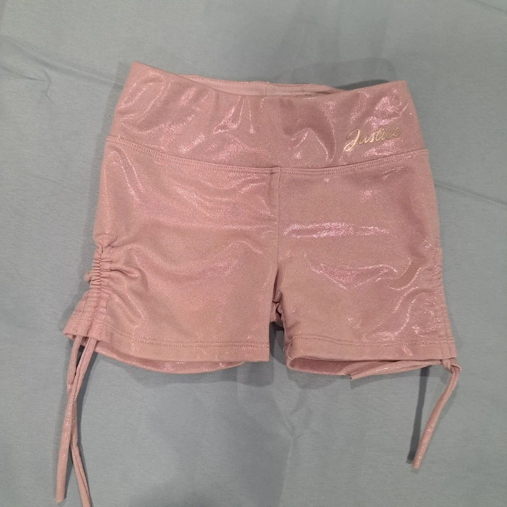 Justice Girls Rose Pink Shimmer Metallic‎ Cinched Side Active Shorts XS 5/6